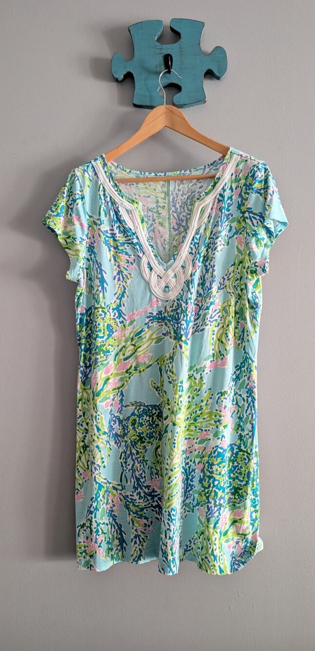 Lilly Pulitzer XL Tropical Print V-Neck White Trim Resort Dress